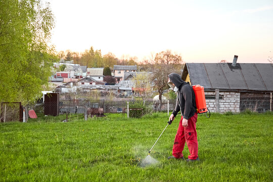 Farmers spraying pesticide on lawn field wearing protective clothing. Insecticide sprayer with a proper protection. Treatment of grass from weeds and dandelion. Copy space. Gardening care season. Man