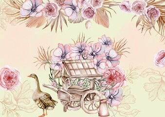Watercolor composition of an old wooden cart and pink flower  with goose . Hand-drawn illustration with watercolour on a white background.Perfect for wedding invitation, greetings card.