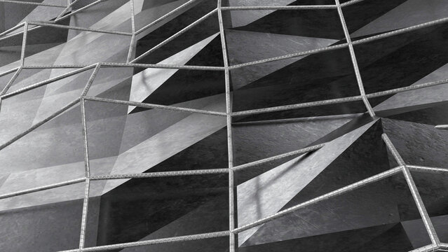 Metal plexus with black metallic wireframe background. 3d render illustration.