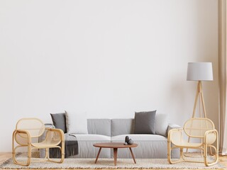 big white living room.interior design,gray and black sofa,wooden table,lamp,carpet ,wall for mock up and copy space