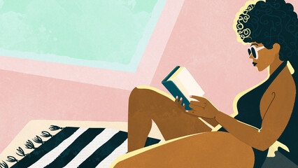 Stylish young adult black woman wearing a swimsuit reading a book on a sun lounger by a swimming pool, tropical summer vacation, ethnic diversity and body positivity, healthy lifestyle concept