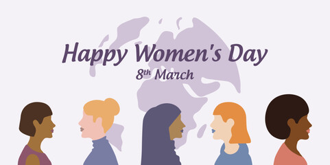 happy womens day 8th march group of different women on earth background