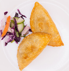 Patties: Samosa,  Vegetarian, Aloo Samosa with Salad Indian Street Food, Pakistani Street food, 