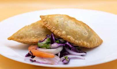 Patties: Samosa,  Vegetarian, Aloo Samosa with Salad Indian Street Food, Pakistani Street food, 