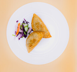 Patties: Samosa,  Vegetarian, Aloo Samosa with Salad Indian Street Food, Pakistani Street food, 