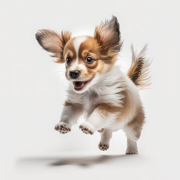A playful, full-body image of a little dog running and playing on a white background. Perfect for pet-related projects, such as advertisements, social media posts, or pet care blogs. This high-quality