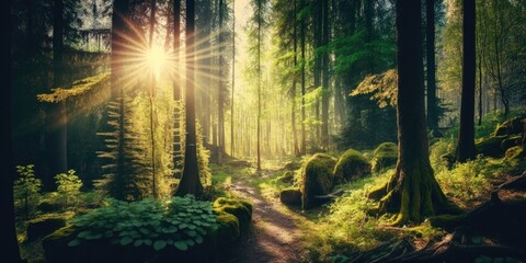 Fototapeta na wymiar Experience the tranquility of a sun-drenched forest with rays of light peeking through the lush green trees. A captivating image for use in design projects or marketing campaigns. Generative AI