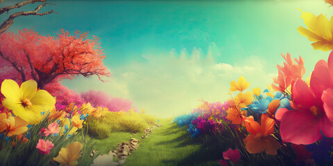 Enter spring with this colorful meadow. A peaceful spring scene with a colorful flower-lined path and lush green surroundings under a partly cloudy sky. Generative AI