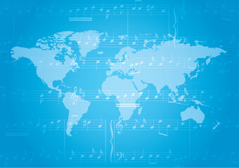 blue vector banner with music notes and light colored world map - background with gradient