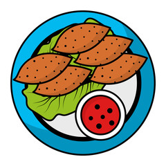 Kibbeh or kubba Concept,  kabbaba Balls with Sauce Fried quibe vector outline color icon design, Asian Cuisine symbol, Famous Dish Sign, Street Food stock illustration 