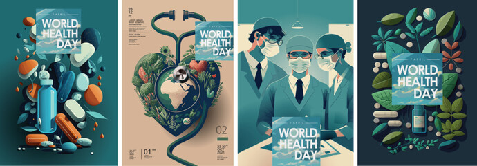 Fototapeta World Health Day. Vector illustration of medicine, doctors, pills, creative idea with earth, heart and stethoscope for april 7th holiday, poster or background obraz