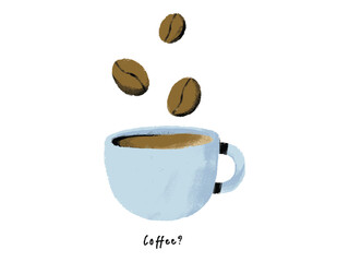 Coffee beans falling into blue coffee cup. Illustration for coffee shop, café, morning, caffeine drink, beverage, hot coffee. Flat vector illustration.