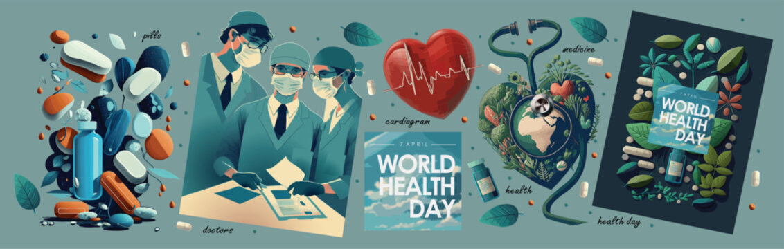 World Health Day. Vector illustration of medicine, doctors, pills, creative idea with earth, heart, cardiogram and stethoscope for april 7th holiday, poster or background