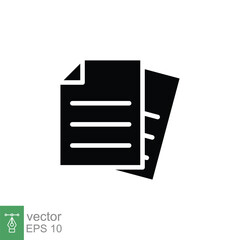 Document icon. Note, information, paper, sheet, pictogram, contract, copy concept. Black silhouette, glyph vector illustration isolated for web design. EPS 10.