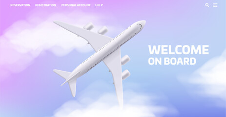 Naklejka na ściany i meble Vector 3d illustration of airplane in the clouds and gradient sky, top view. Online booking service or travel agency website banner template