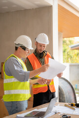 Group architect team on construction site inspection documents and business workflow in the morning.