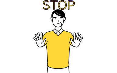 ストップの合図、体の前に手を突き出す定年退職したシニア・中年男性