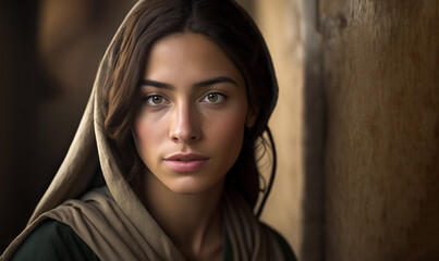 Abstract art. Colorful painting art portrait of Mary in the streets of Nazareth. Christian illustration. Generative AI.