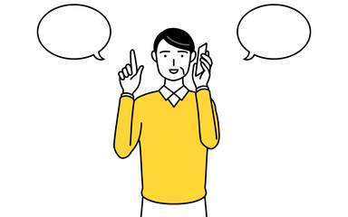 電話をしながら指さしをする定年退職したシニア・中年男性