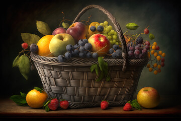 Obstkorb mit verschiedenen Früchten für eine gesunde Ernährung, Vitamine, Generative AI