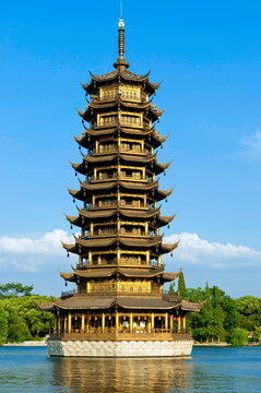 Sun pagoda on Shan Lake, Guilin, Guangxi Zhuang, China