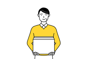 段ボールを運ぶ作業をする定年退職したシニア・中年男性