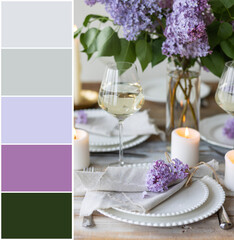 Design palette inspired by beautiful rustic eco friendly wedding floral decor with lilac and candles. Designer pack with photo and swatches. Harmonious trendy colour combination: purple, violet, green