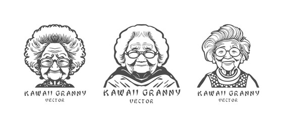 Vector set of logos or icons. Japanese cute kawaii granny. Elderly beautiful woman with glasses. White isolated background.