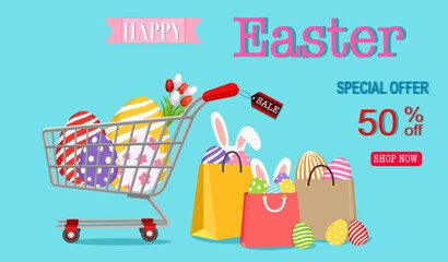 Easter sale banner vector illustration, colorfully pastel eggs and tulip flower in cart with bunny rabbit ears in shopping bag on blue background. Promotion of shop market mall poster, Easter holiday
