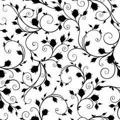 Floral seamless pattern with rose vines. Black and white floral print. Vector illustration