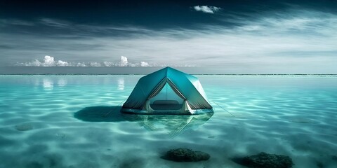 une tente de camping flotte sur la mer bleu, ciel bleu - generative ai