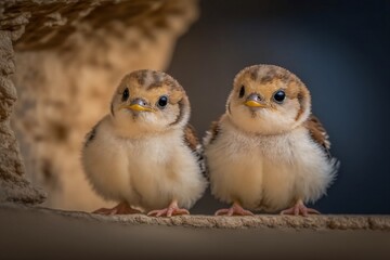 Obraz premium A Close-up of Two Fluffy Chicks, generative ai