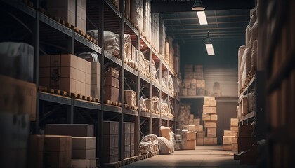 Business Storage Center with Tidy Shelves and Cardboard Boxes, generative ai