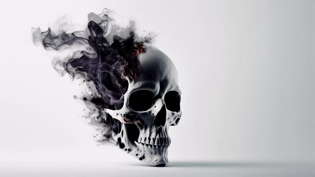 Black skull and smoke isolated on white background. Motion.