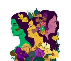 Cartoon multicolored silhouettes of girls with flowers on a white background. Vector illustration