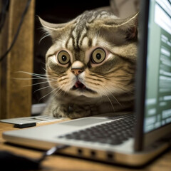 frightened cat sits at a table near a computer, ai generation