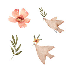 Botanical set of watercolor illustrations of flowers, plants and decorative birds on a white background.