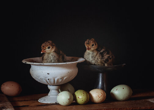 Close-up of two birds sitting in dishes next to painted Easter eggs - Powered by Adobe