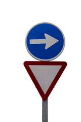 Vertical yield sign along with mandatory right turn sign above