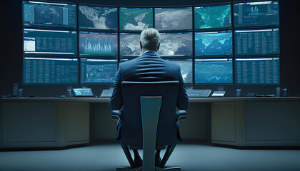 A Security Man Sitting in Front of a Large Panel with Screens in a Control Room, Generative AI