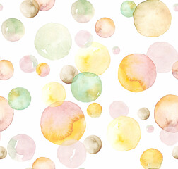Hand painted allover seamless watercolor overlapping bubbles print on white background