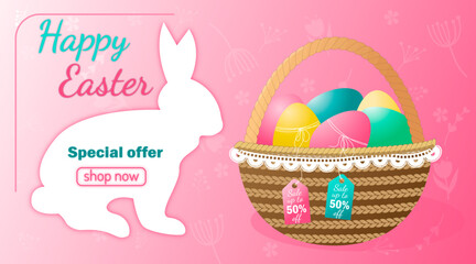 Happy Easter banner special offer sale up to 50% off. Easter basket with colorful eggs and bunny isolated on pink background