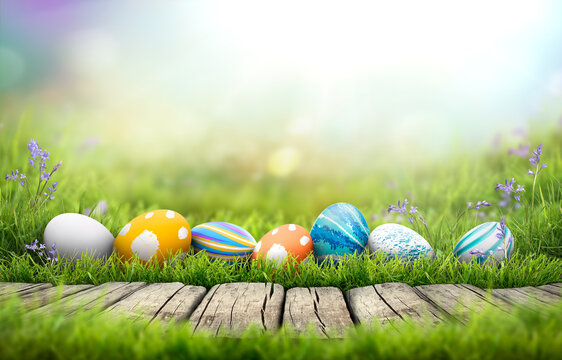 A collection of painted easter eggs celebrating a Happy Easter on a spring day with green grass meadow background with copy space and a rustic woodern bench to display products.