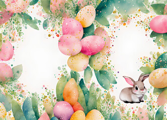 Easter theme - watercolor style illustration with dyed Easter eggs, Easter bunny and flowers, for greeting cards, wallpaper, background, wrappers. Created with Generative AI