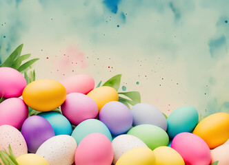 Easter theme - watercolor style illustration with dyed Easter eggs and flowers, for greeting cards, wallpaper, background, wrappers. Created with Generative AI