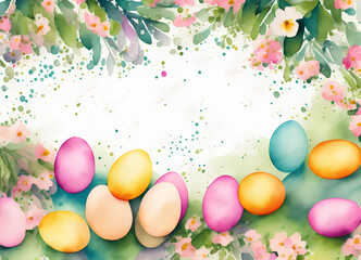 Easter theme - watercolor style illustration with dyed Easter eggs and flowers, for greeting cards, wallpaper, background, wrappers. Created with Generative AI