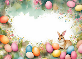 Easter theme - watercolor style illustration with dyed Easter eggs, Easter bunny and flowers, for greeting cards, wallpaper, background, wrappers. Created with Generative AI