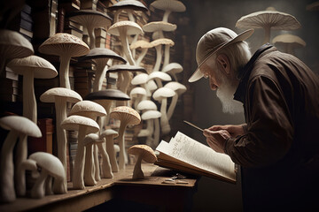 Alter Mann studiert Pilze in einer Bibliothek