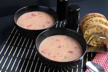 Homemade tomato basil Parmesan soup, served with toasted English muffins.