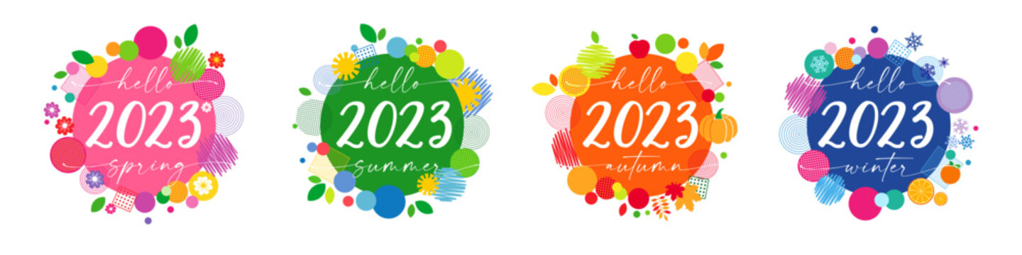 2023 four labels Memfis for the seasons. Hello spring, hello summer, hello autumn, hello winter isolated graphic template background. Creative vector decoration 